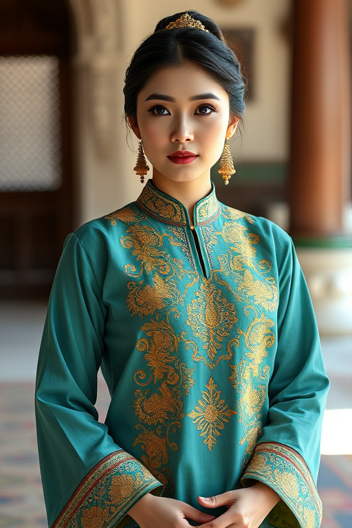 portrait of a woman in a traditional teal outfit with intricate golden embroidery, standing gracefully in a historical setting, soft natural lighting, f/2.8 aperture, 50mm lens, shallow depth of field, DSLR camera, high-resolution output