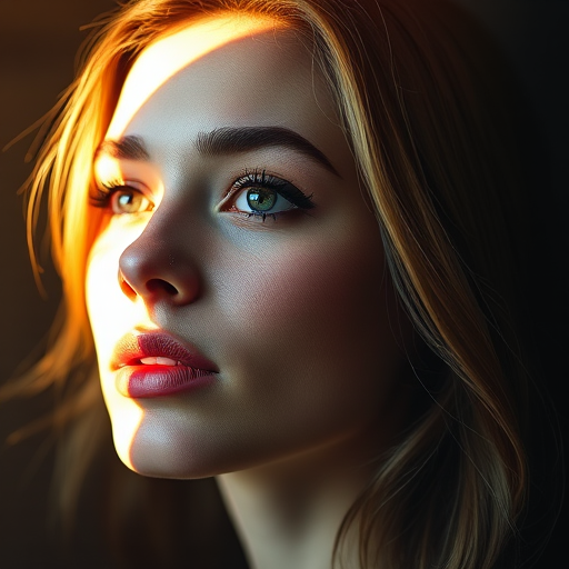 Regenerate the image of a woman with a puzzle piece design integrated into her face, warmly lit from above with soft shadows, captured in high resolution, 50mm lens, f/1.8 aperture, 1/125 sec shutter speed, ISO 200, studio lighting setup.