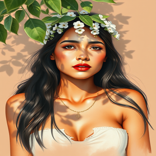 create a watercolor painting of an ethereal portrait of beautiful Guarani woman with a simple white flower crown on her head. Her hair is long and she is lying on the ground. The sunlight on the trees casts shadows from the leaves on her face and body. The background is a neutral brown color that matches her skin tone. The image is minimalist and solid colors. This style is characterized by soft, delicate brushstrokes and a light, airy, contrasting color palette. High level of detail and play of light