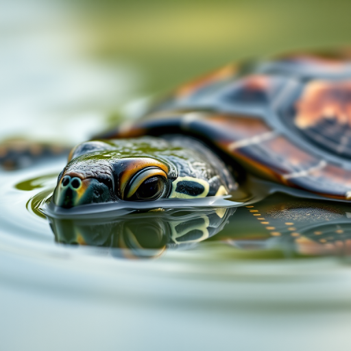 photorealistic close-up of a turtle partially submerged in calm water, soft natural lighting, shallow depth of field, 50mm lens, f/2.8 aperture, ISO 200, 1/200s shutter speed, macro photography style