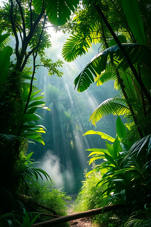 Create a lush tropical forest scene with vibrant green foliage, mist rising from the ground, and dappled sunlight filtering through the trees, captured with a Canon EOS R5, 24mm lens, f/2.8 aperture, 1/60s shutter speed, ISO 200, in natural lighting for enhanced depth and clarity.