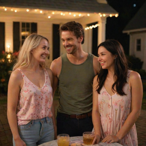 A candid full body shot photo of three friends enjoying an outdoor gathering at night, with soft artificial lighting creating a warm and cozy atmosphere; the image is sharp with vivid colors and a subtle color palette. The main subjects are two women and a man standing close together, smiling warmly at the camera. One woman, on the left, Caucasian, medium-length brown hair, and a playful smile, dressed in a light sleeveless top. The man in the middle, of Caucasian descent, has a large build with short black hair and a trimmed beard, wearing a dark floral-patterned shirt. The other woman, on the right, is Caucasian with fair skin and long blonde hair, wearing a pink cardigan over a white top. They are gathered around a table covered with drink bottles, hinting at a relaxed party atmosphere. The soft artificial lighting filters through the surrounding tree branches and colorful hanging decorations, casting gentle shadows that create a sense of intimacy. In the background, a white house while the glowing lights enhance the overall cozy and cheerful mood of the scene, emphasizing both the subjects and their surroundings