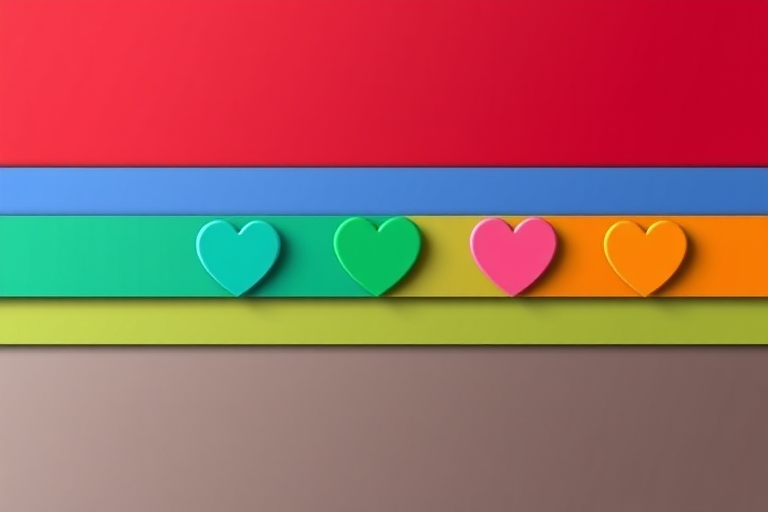 Create a digital illustration of five horizontal lines in varying colors (red, blue, green, pink, and orange) with heart shapes at the center of each line, using a high-resolution setting, 85mm lens, f/2.8 aperture, and natural light for enhanced clarity and contrast.