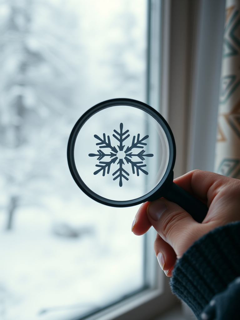 A close-up shot of a person holding a magnifying glass with a snowflake design against a snowy window, with a soft focus background, taken with a DSLR camera at f/2.8 aperture, 50mm lens, ISO 100, natural lighting, in a cozy indoor setting.