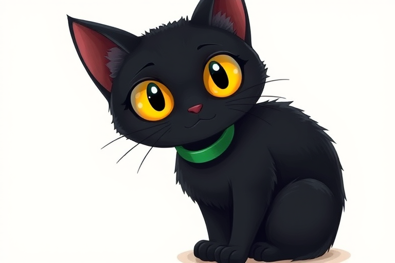A detailed illustration of a black cat with large yellow eyes, sitting upright, wearing a green collar, on a plain background; captured with a DSLR camera at f/2.8, ISO 100, 50mm lens, using soft natural lighting to enhance color and texture.