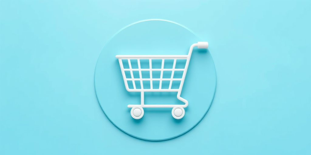 Create a high-resolution digital illustration of a shopping cart icon on a smooth blue circular background, using a Canon EOS R5 camera, f/5.6 aperture, 1/100 second shutter speed, ISO 100, top-down view, with soft lighting for enhanced clarity and depth.