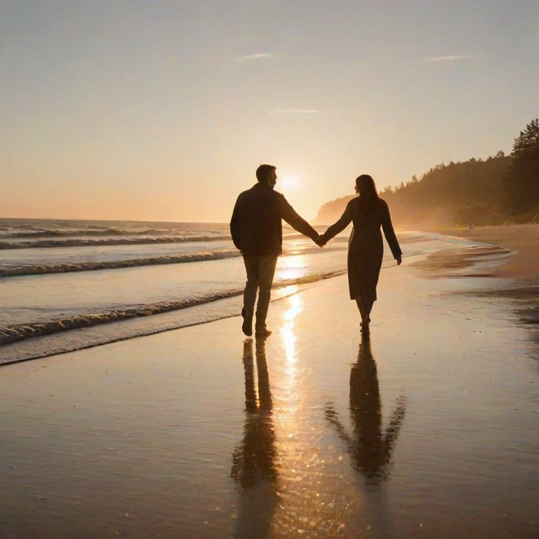 Warmly lit image of a couple walking hand-in-hand along a beach at sunset, soft glow from the fading light casting long shadows, with distant seagulls flying overhead and waves gently crashing against the shore.