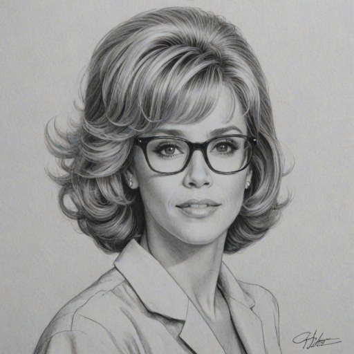 Pleasing Jane Fonda, pencil sketch, portrait of Appealing woman 1957s in glasses, hair style beatnik, outline, clear lines, fine lines, 8k