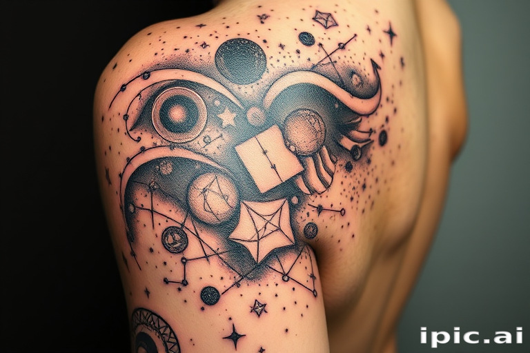 Dotwork tattoo called "Celestial Tapestry" using thousands of tiny dots to create intricate patterns and shading depicting constellations galaxies and cosmic phenomena