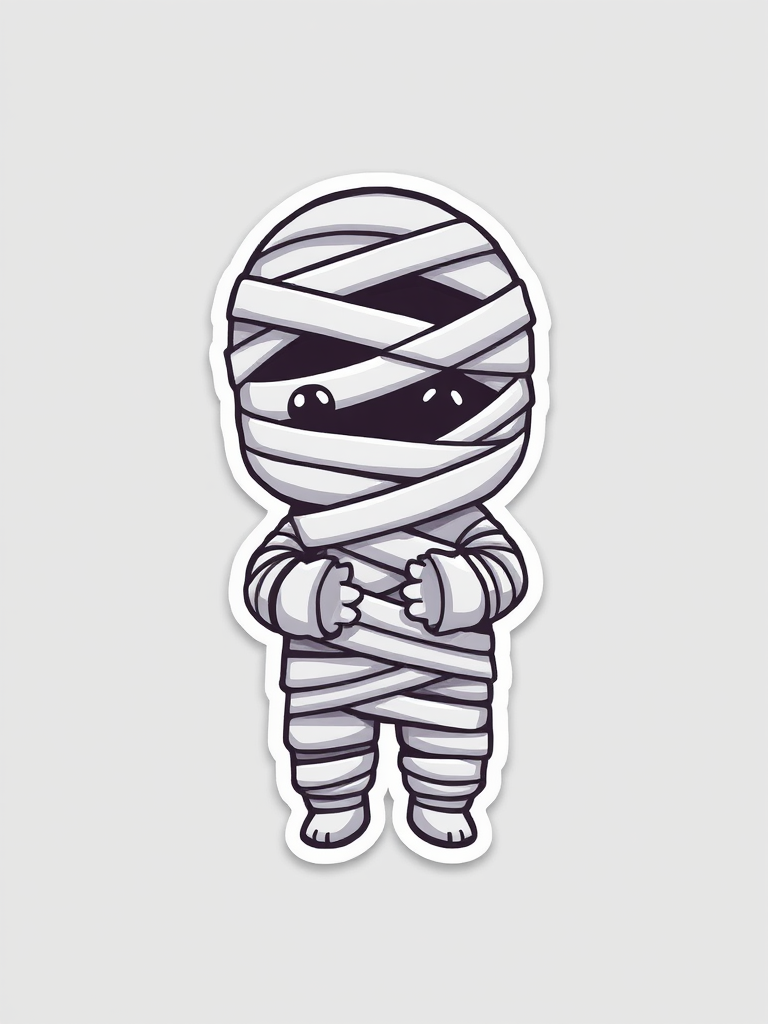 create a kawaii Mummy wrappings sticker, 3d digital art, grey background, sticker line weight