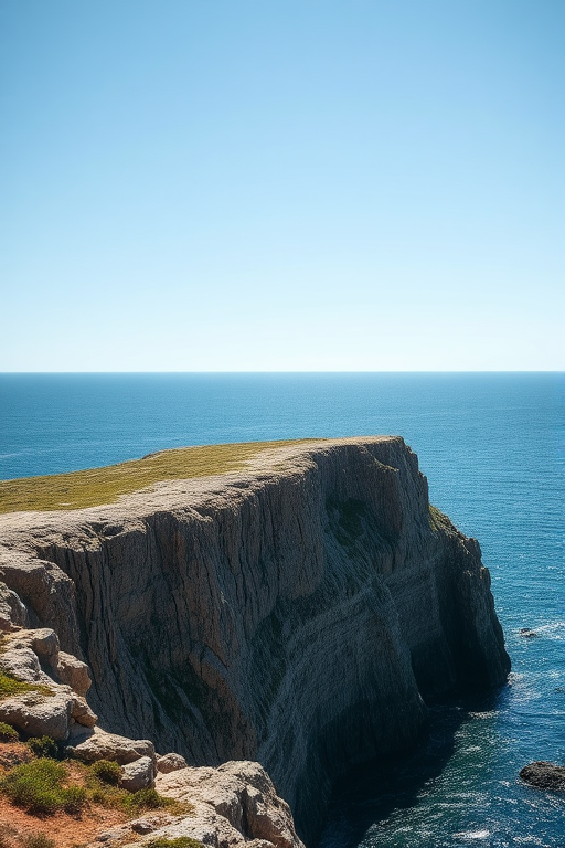 Coastal landscape with a rocky cliff in bright sunlight, captured with a Canon EOS 5D Mark IV, 24mm lens, aperture f/8, ISO 100, shutter speed 1/200s, taken from a low angle to emphasize the cliff against a clear blue sky and calm sea.
