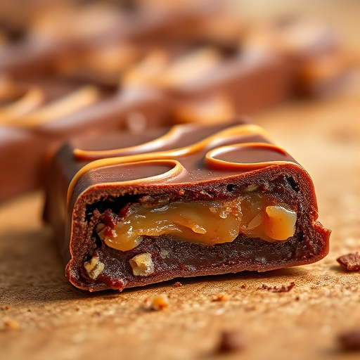 capture a high-resolution image of a chocolate caramel candy bar with a partially cut view showing the filling, use a macro lens for detail, set aperture to f/2.8 for shallow depth of field, use 100mm focal length, and a soft natural light source to enhance texture and color contrast.