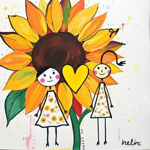 Stylized impressionism painting of a large sunflower with an oversized center and colorful petals. Beside, a young female character with eyes represented by dots and a mouth by a line, pink cheeks, hair attached, arms and legs a black line, flowery white dress triangle shape. A yellow heart surrounded by a black line between the two. Textured background with touches of colorful paint. Childish style.