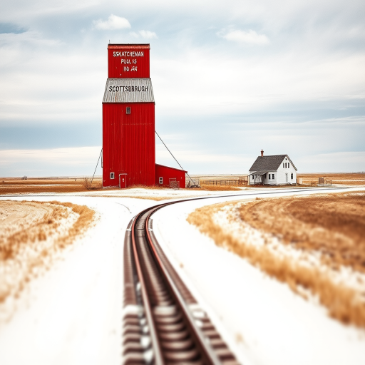 create a watercolor landscape of a red grain elevator with "SASKATCHEWAN POOL NO 546 SCOTTSBURGH" written on it, surrounded by a flat prairie landscape, with an old white farmhouse nearby and a railway track leading to the elevator, shot with a Canon EOS R5 at f/8, 1/125 sec, ISO 200, using a 50mm lens from a low angle for a dramatic effect, focusing on the elevator and creating a soft depth of field.