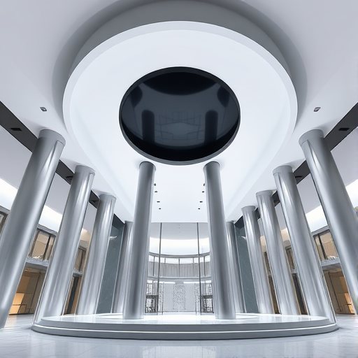 3D rendering of a modern architectural structure with a symmetrical design featuring two black circular elements at the top, surrounded by polished silver columns, illuminated by soft white lighting, shot with a DSLR camera at f/8, ISO 100, 50mm lens, low angle view, shallow depth of field.