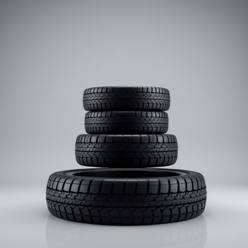 Create a high-resolution 3D render of a stack of five black tires on a transparent background, using a Canon EOS R5 camera with an aperture of f/8, ISO 100, and a focal length of 50mm, in a studio lighting setup to enhance details and reflections.