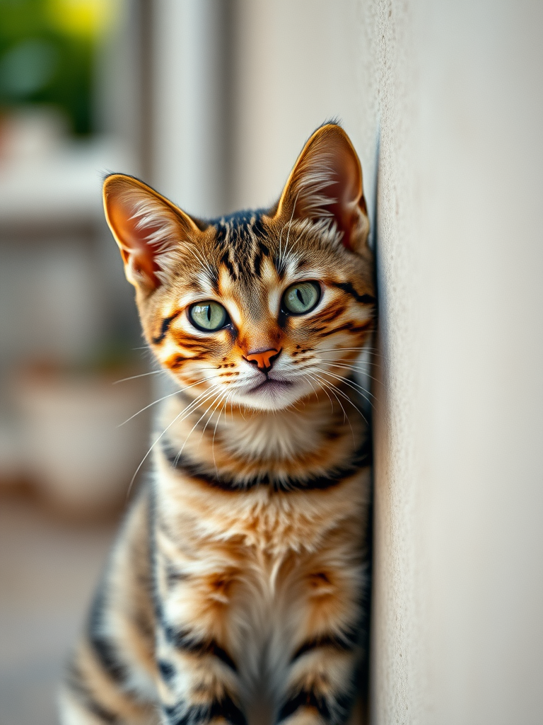 Create a high-resolution image of a tabby cat leaning against a wall with a curious expression, shot with a Canon EOS R5 at f/2.8, ISO 100, 85mm lens, in natural light, using a shallow depth of field to emphasize the cat while softly blurring the background.