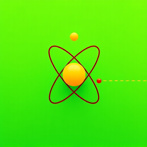 minimalist vector illustration of an atom with a yellow nucleus and three colored electrons on a vibrant green background, 50mm lens, f/2.8 aperture, 1/100 sec shutter speed, overhead view, digital illustration, high resolution