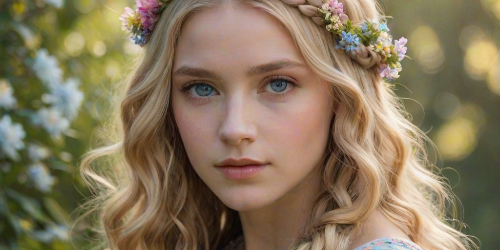 Create an image of a young woman with long, wavy blonde hair, adorned with small, colorful flowers woven into her braids and loose strands. Her complexion is fair, with soft, glowing skin, and she has light blue eyes that gaze softly at the viewer. She wears a light, flowing dress with a gentle, ethereal quality, complementing her delicate and serene appearance. The background is slightly blurred, drawing focus to her tranquil expression and the intricate details of the flowers in her hair. The overall mood of the image is one of natural beauty and grace, evoking a sense of peacefulness and connection with nature.