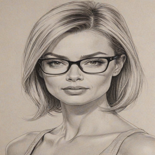 Graceful Jaime Pressly, pencil sketch, portrait of Bewitching woman 1962s in glasses, hair style beatnik, outline, clear lines, fine lines, 8k