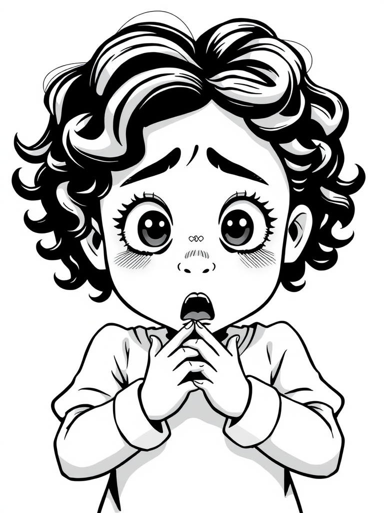 The image is a black and white illustration of a young girl with curly hair. She has a surprised expression on her face with her mouth open and her hands clasped together in front of her chest. Her eyes are wide and her eyebrows are furrowed. Her hair is styled in loose curls that are cascading down her back. The overall mood of the image is one of shock or surprise.