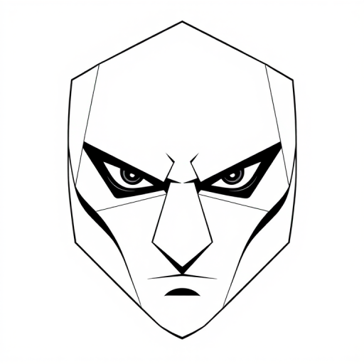 Create a minimalistic illustration of a pentagonal face with sharp angular features, emphasizing intense eyes and a confident expression, use a digital art style, high resolution, with a camera setting of f/2.8, ISO 100, 1/60s shutter speed, top-down view, and a digital drawing tablet as the medium.