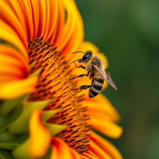 macro shot of a bee on a vibrant sunflower with rich orange and yellow petals, ISO 100, aperture f/2.8, shutter speed 1/250s, 100mm lens, taken with a DSLR in natural light