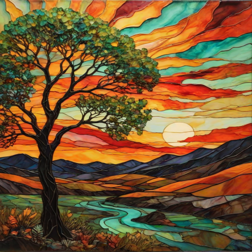 A vibrant abstract painting on Tiffany Glass, blending acrylic and alcohol ink techniques, captures a dramatic sunset over rolling hills. The artwork features a textured, rocky foreground in green and brown, layered abstract hills, and a striking sunset in rich oranges, yellows, and reds. A solitary black tree with intricate branches contrasts against the fiery sky, creating a dynamic and expressive portrayal of a breathtaking natural scene.