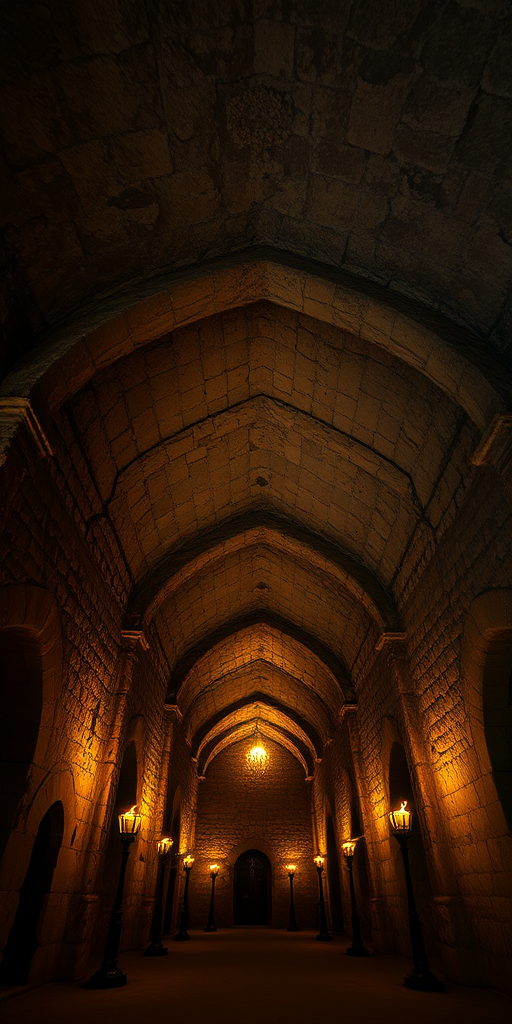 interior of an ancient stone crypt with arched ceilings and dim lighting, capturing the textures of the stone and the warm glow from torches, taken with a Canon EOS R, 24mm f/1.4 lens, ISO 800, shutter speed 1/60s, low angle view, enhanced HDR style