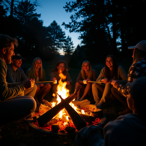 Low-resolution photo of a group of friends sitting around a campfire at dusk, soft glow from the flames illuminating their faces, distant laughter filling the air, marshmallows roasting on sticks, shadows flickering on the trees surrounding the campsite.