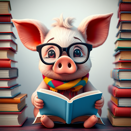 A cute cartoon pig wearing glasses and a colorful scarf read a book while sitting between stacks of books, captured with a Canon EOS R5 at f/2.8 aperture, 1/125 sec shutter speed, and ISO 200, using a macro lens for close-up detail and vibrant colors.