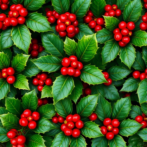 generate a seamless pattern of holly leaves and berries with vibrant green and red colors, camera settings: f/8, ISO 100, 1/125s, camera view: top-down view, camera style: macro photography, camera type: digital SLR
