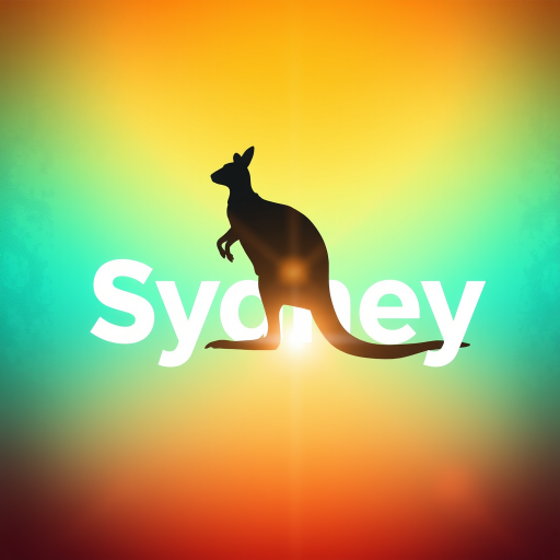 Create a vibrant graphic design featuring the word Sydney with a silhouette of a kangaroo, set against a textured gradient background transitioning from teal to orange, capturing lens flare effects with soft bokeh, using a DSLR camera with a 50mm lens, f/1.8 aperture, ISO 200, and a slight vignette for artistic enhancement.