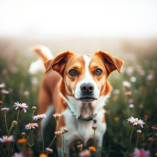 regenerate an image of a brown and white dog standing in a lush field of flowers with a soft background; camera settings: f/2.8, ISO 100, 1/500s; camera view: eye level; camera style: portrait; camera type: DSLR