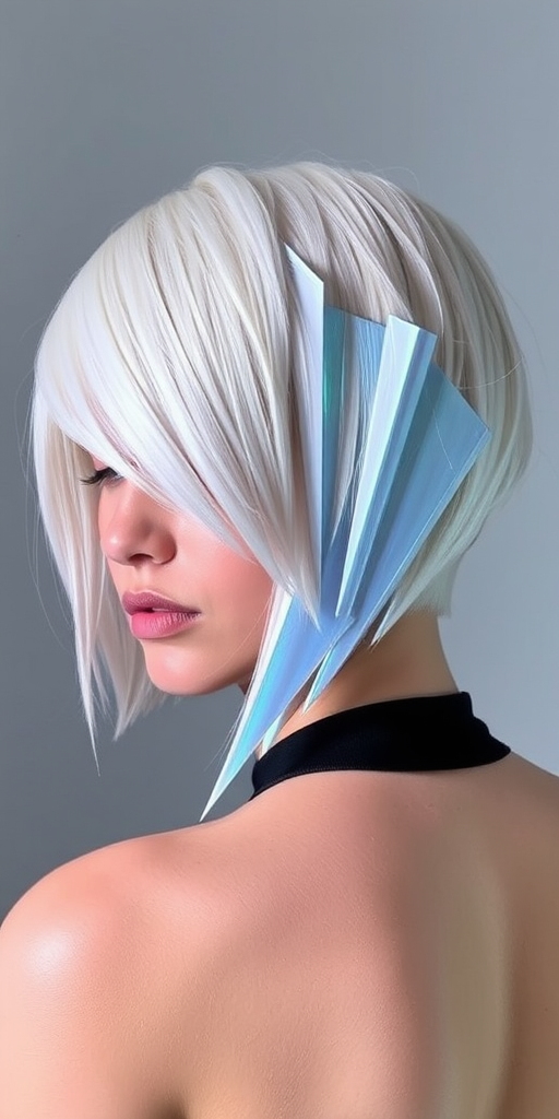 Icy platinum blonde hair cut into a sharp, architectural bob with geometric lines and angles comprises the avant-garde "Frost Prism" style, featuring holographic highlights that shift colors in the light, creating a futuristic and edgy look that pushes the boundaries of traditional hair design