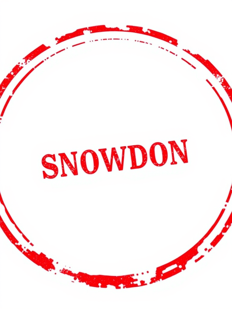 Create an image of a red circular stamp with the word "SNOWDON" in bold capital letters inside, using a DSLR camera with a 50mm lens, aperture f/2.8, shutter speed 1/100s, and ISO 100, focus on a clean white background for high contrast and clarity.
