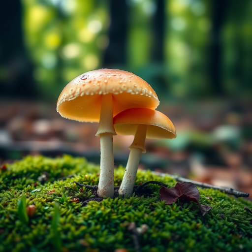 Regenerate an image of two mushrooms growing on moss with a blurred forest background, use a Canon EOS 5D Mark IV with a 100mm f/2.8 macro lens, aperture f/4, ISO 100, shutter speed 1/200s, natural light for a soft focus effect.