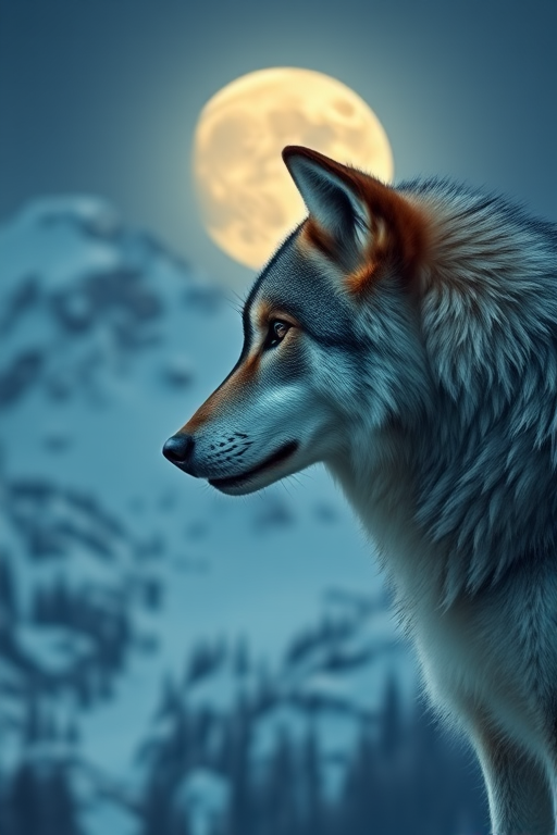 Create a high-resolution digital painting of a wolf in profile against a moonlit snowy mountain landscape, using a Canon EOS 5D Mark IV with a 50mm f/1.8 lens, aperture set to f/2.8, ISO 100, and a shallow depth of field to emphasize the wolf while achieving a soft bokeh effect in the background.
