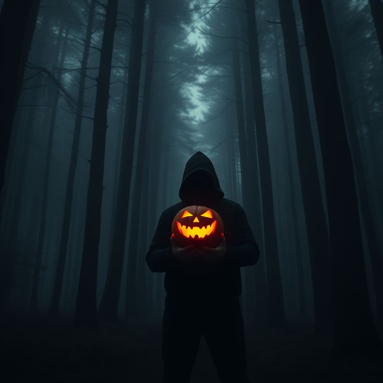 a hooded figure in a dark forest holding a glowing carved pumpkin, mist surrounding tall trees, warm orange light from the pumpkin, capturing the eerie atmosphere, camera settings: ISO 100, f/2.8, shutter speed 1/60s, camera view: medium shot, camera style: cinematic, camera type: DSLR