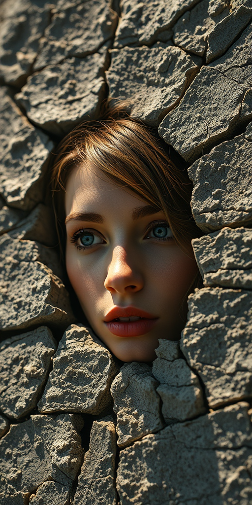 Create a hyper-realistic close-up image of a woman's head emerging from cracked stone, in soft natural lighting, using a Canon EOS R5 with a 50mm lens, aperture f/1.8, ISO 100, and a shallow depth of field to enhance texture and detail.