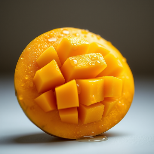 Create a hyper-realistic image of a fresh mango sliced in half with cubes visible, droplets of juice beading on its surface, soft diffused lighting, macro lens, f/2.8, ISO 100, 50mm focal length, shot from a slightly elevated angle to highlight the texture and color vibrancy.