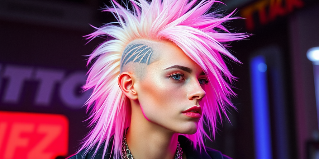 Edgy platinum blonde mullet with neon pink roots and shaved temple designs, styled for maximum volume known as "Retro Futurist" blending nostalgia with avant-garde flair