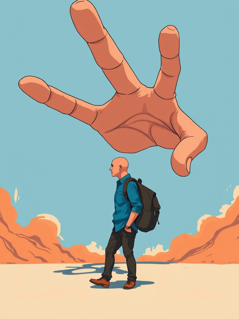 Create an illustration of a large, stylized hand reaching towards a small bald man wearing a blue shirt and a backpack, with a focus on dynamic perspective and bold colors, using a Canon EOS 5D Mark IV with a 24-70mm lens at f/5.6, capturing the image from a slightly low angle to emphasize depth and scale.