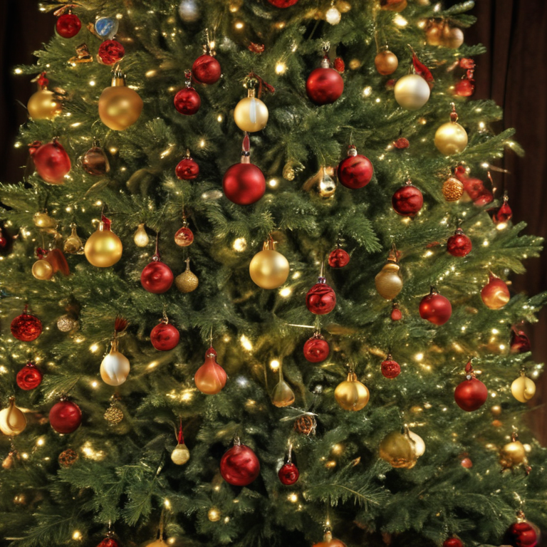 Festive Christmas Tree Adorned with Red and Gold Ornaments and Lights
