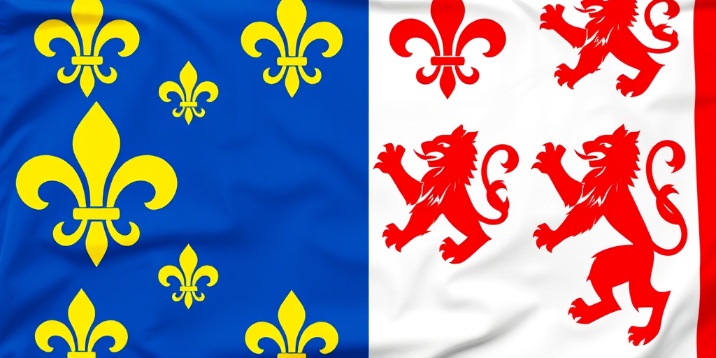 Create an image of a flag design featuring a blue background with yellow fleurs-de-lis in the top left and bottom right quadrants, while the top right and bottom left quadrants have a white background with red lions, captured with a DSLR camera, 50mm lens, f/5.6 aperture, ISO 100, with a bright, clear day lighting setting, shot from a slightly elevated angle for a dynamic perspective.