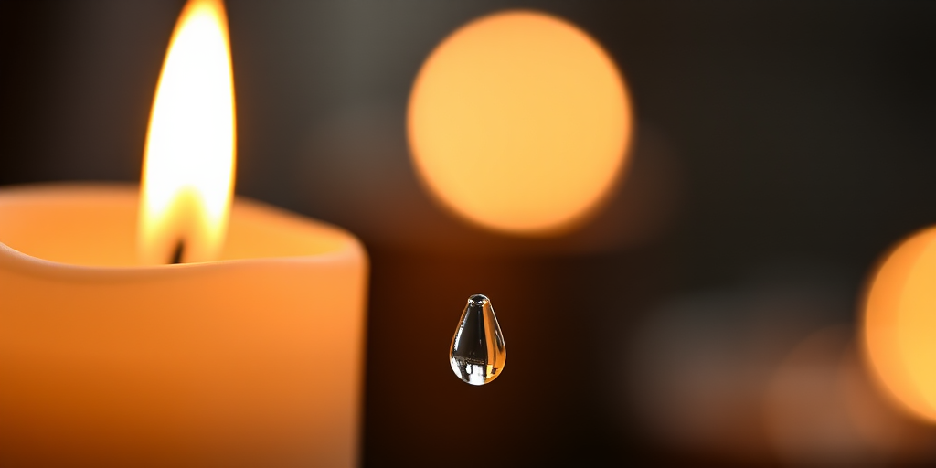 Close-up of a lit candle with a droplet of wax hanging from the wick, background featuring a softly glowing candle, 50mm lens, f/1.8 aperture, ISO 100, low light setting, macro photography, DSLR camera.