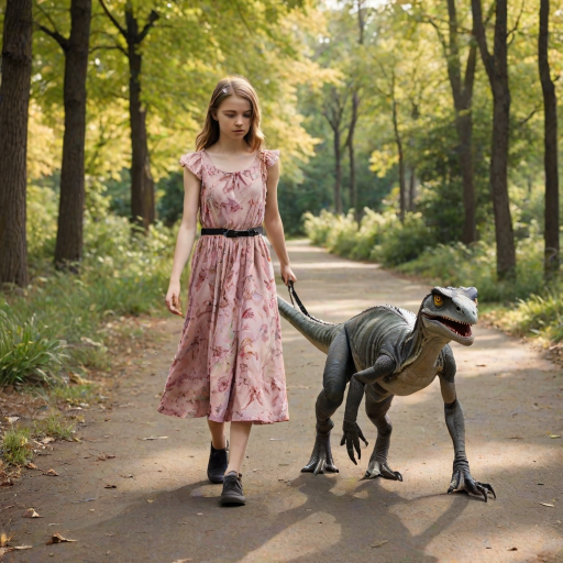 15 year old girl in a dress walking her pet Velociraptor on a leash through a park