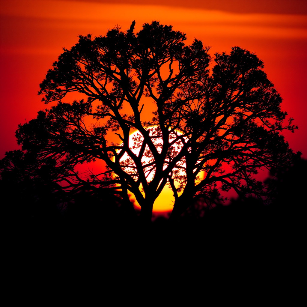Create a detailed silhouette of a tree against a vibrant sunset, with rich gradients of orange and purple in the sky, shot with a DSLR camera at f/2.8, ISO 100, 50mm lens, with a shallow depth of field and a wide-angle view.