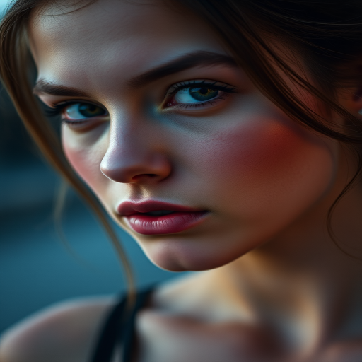 portrait of a young woman with striking features and expressive eyes, shallow depth of field, soft natural lighting, 85mm lens, aperture f/1.4, ISO 100, shot at dusk, using a full-frame DSLR camera.