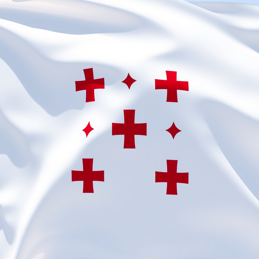Create a high-resolution image of the flag of Georgia with a crisp white background and vibrant red crosses, captured using a DSLR camera with a 50mm lens, aperture set to f/8, ISO 100, and in natural daylight to enhance clarity and detail.